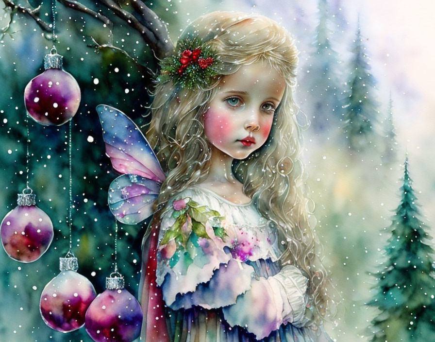 Ethereal girl with fairy wings in snowy forest scene