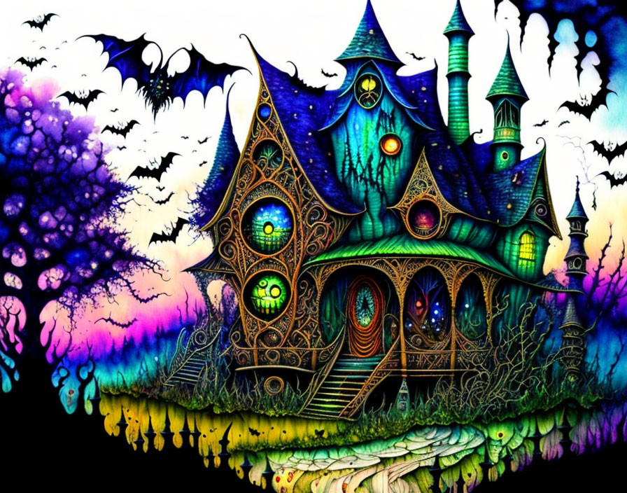 Whimsical haunted house illustration with intricate designs