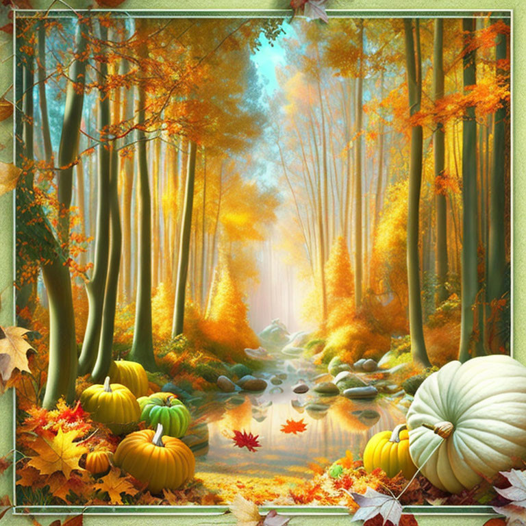 Colorful Autumn Forest with Stream and Pumpkins