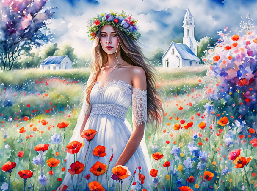 Woman in floral wreath in vibrant meadow with poppies and quaint village scene