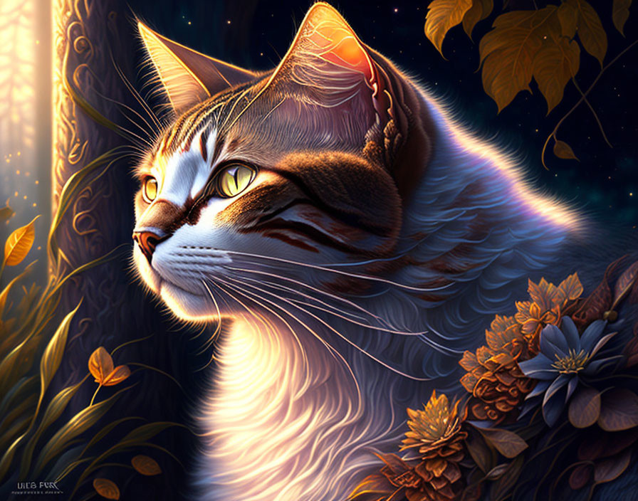 Detailed digital artwork: lifelike cat with striking eyes in autumn setting