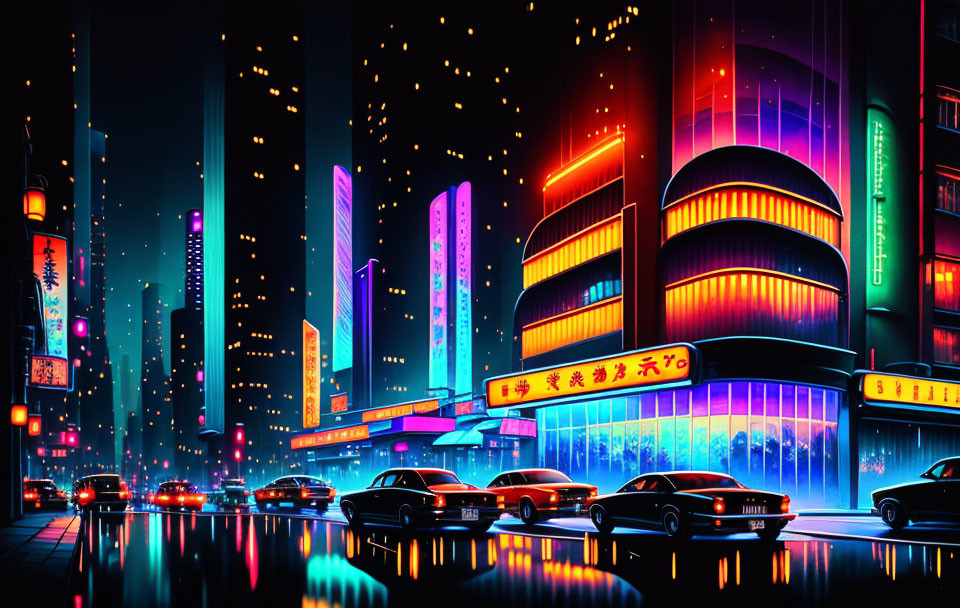 Colorful neon-lit cityscape with illuminated buildings and bustling streets