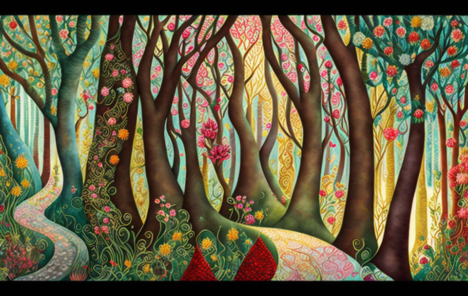 Vibrant stylized forest painting with colorful trees and intricate patterns