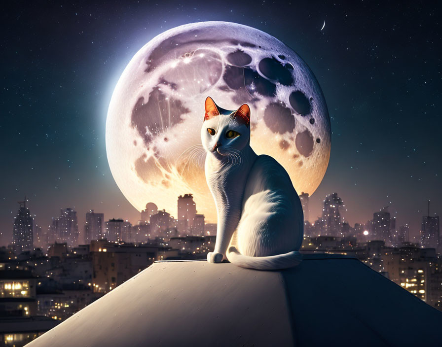 White Cat with Orange Spots on Rooftop with Moon and City Skyline