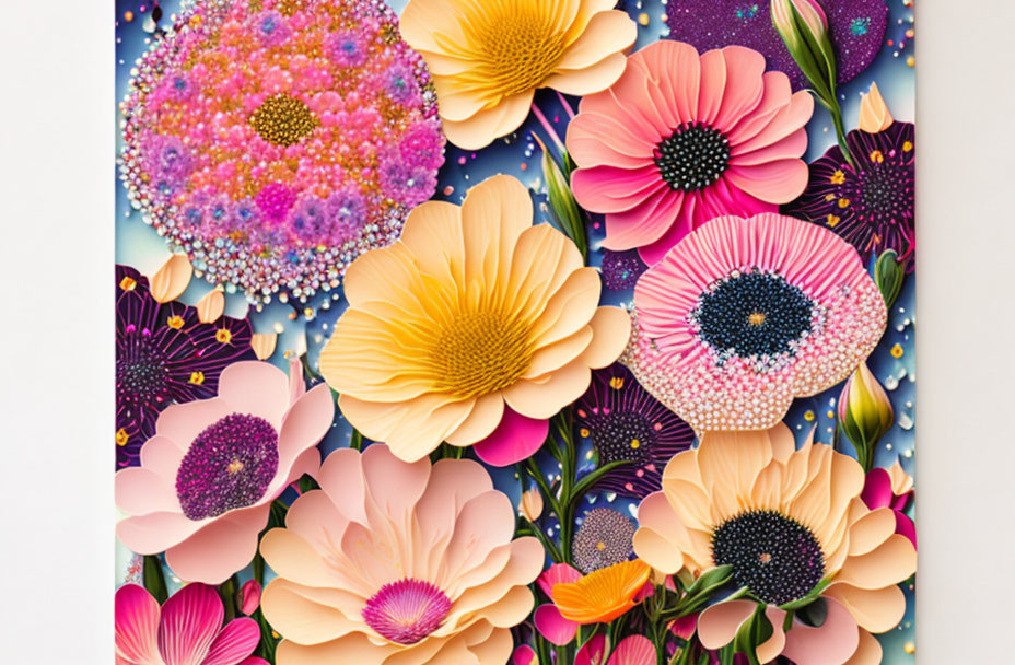 Vibrant paper art of stylized flowers on deep blue backdrop