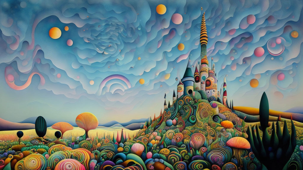 Colorful Fantasy Landscape with Whimsical Castle & Floating Orbs