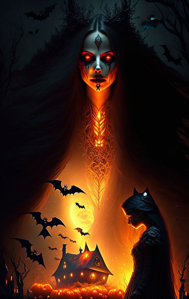 Spooky fantasy illustration: floating spectral figure, pumpkin-lit pathway, haunted house, bats, clo