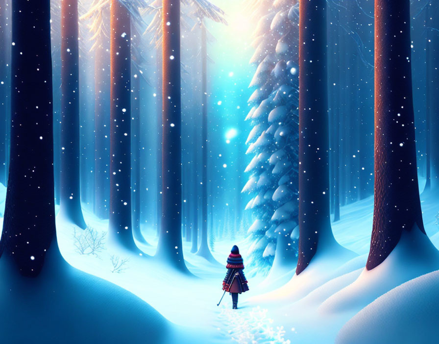 Person in Red Coat Standing in Snowy Forest with Falling Snowflakes