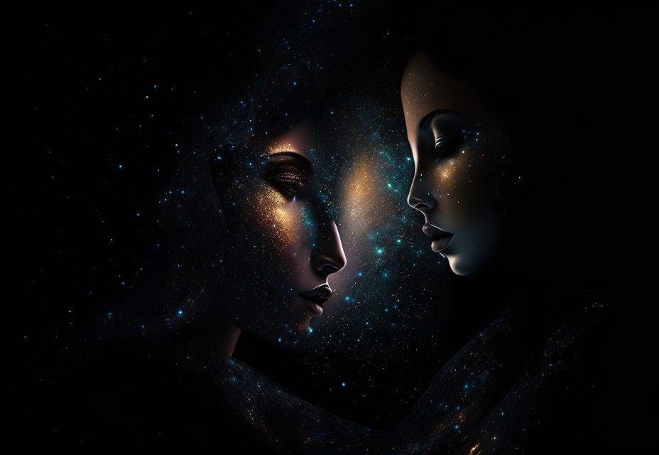 Silhouetted faces with stars on cosmic background