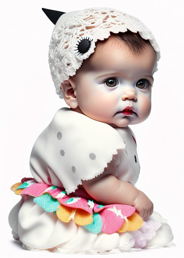 Realistic digital artwork of a baby in white bonnet and colorful frilled garment