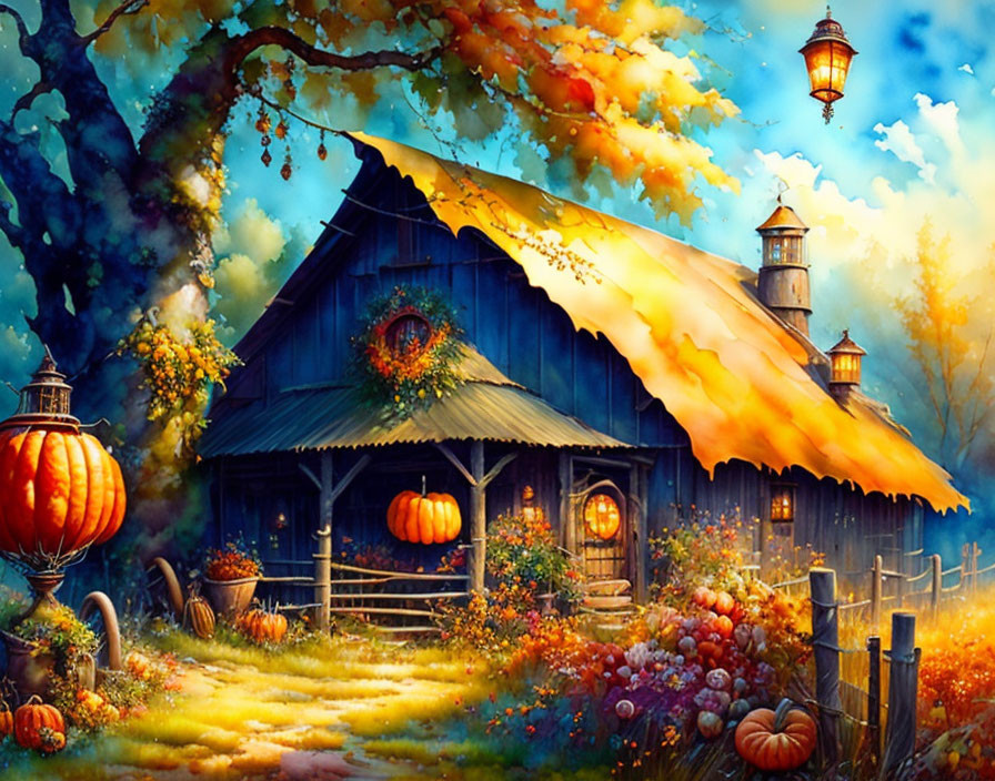 Scenic autumn barn with pumpkins and colorful foliage