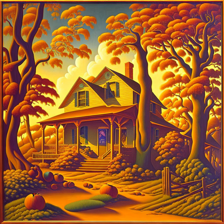 Vibrant autumn scene with yellow house and orange trees