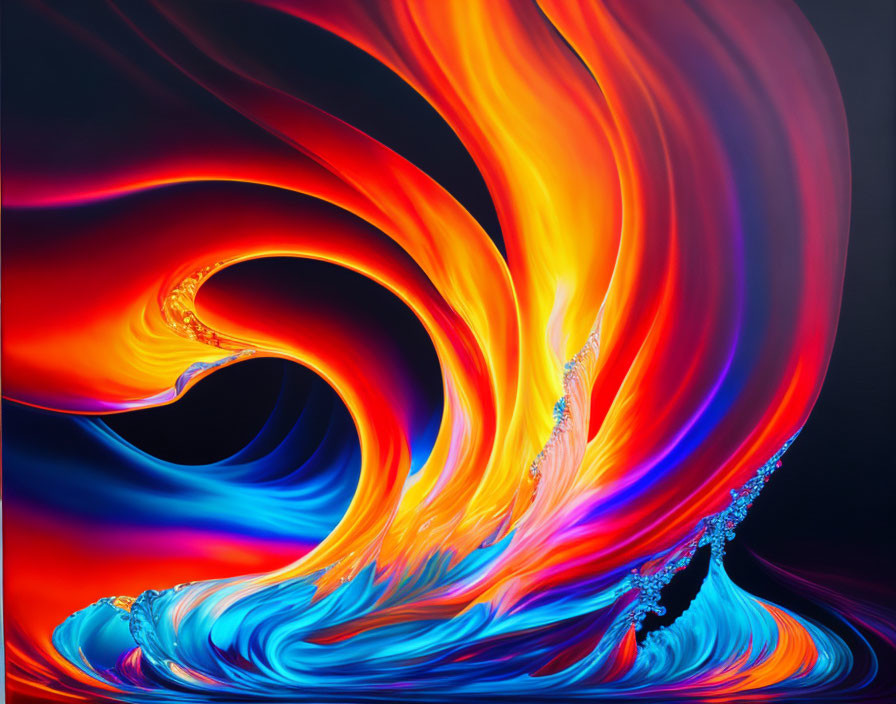 Colorful Abstract Digital Art: Swirling Orange, Red, and Blue Patterns on Dark Background