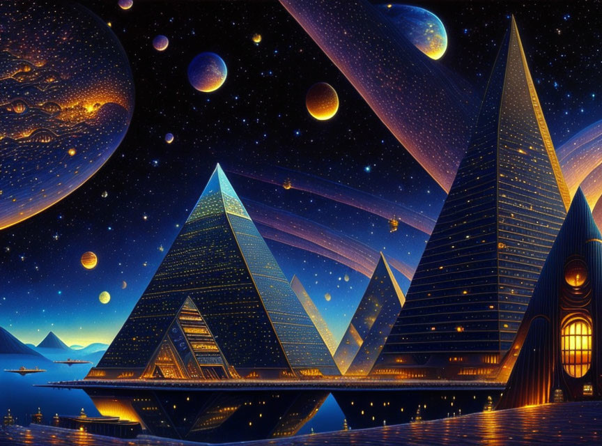 Fantastical cosmic cityscape with glowing pyramids under starry sky