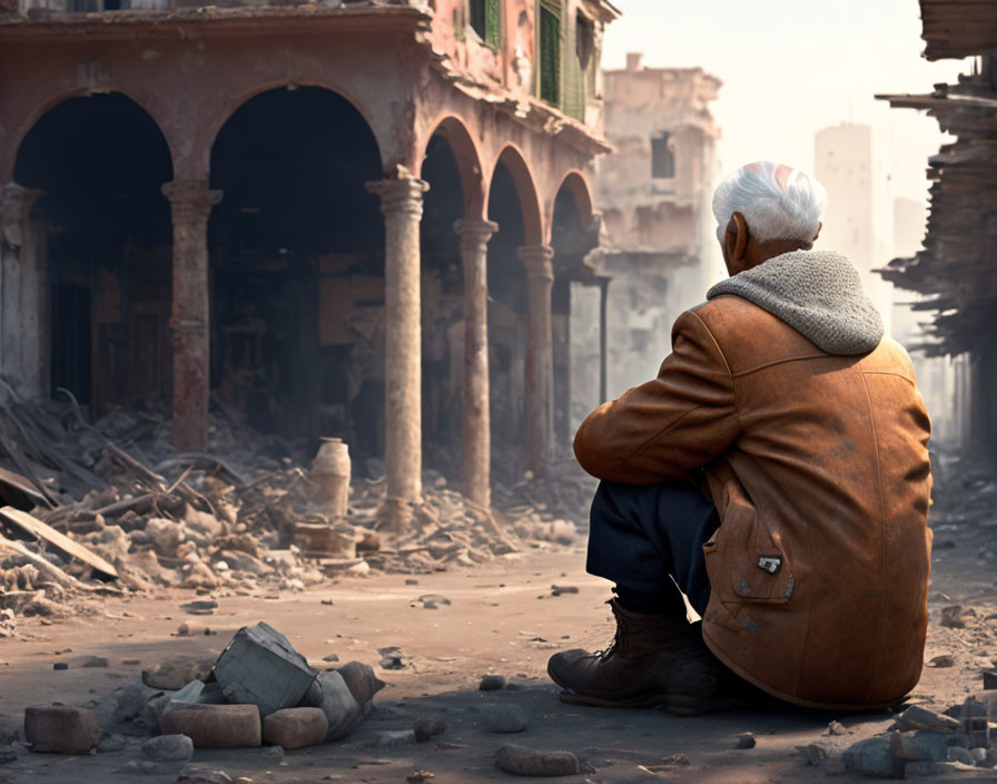 Elderly person contemplating in ruins of devastated building