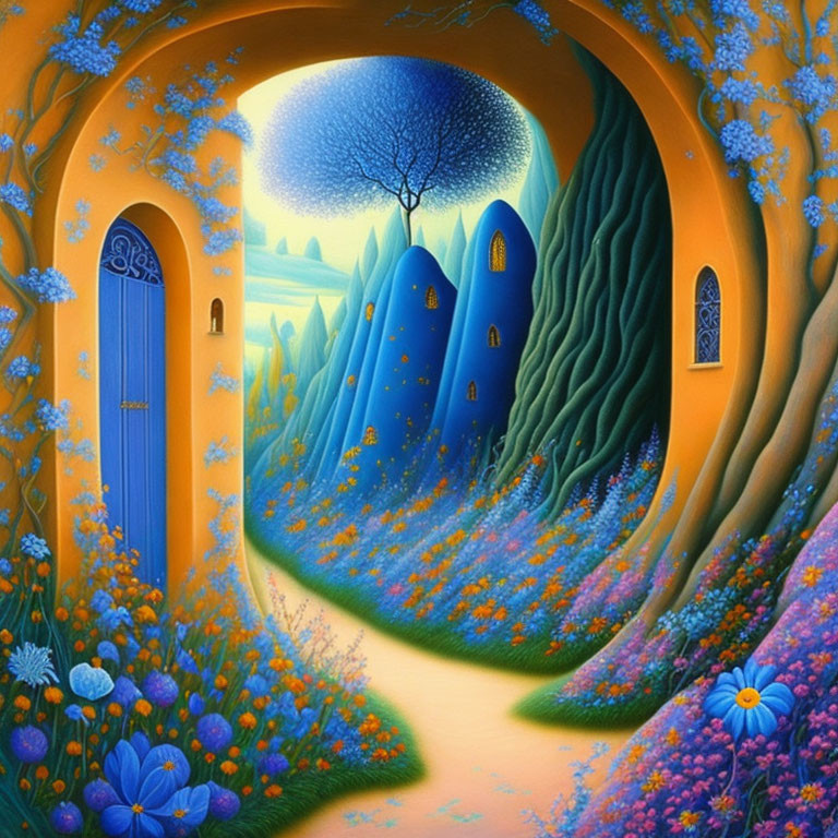 Colorful whimsical painting of fantastical landscape with floral hills and round doors