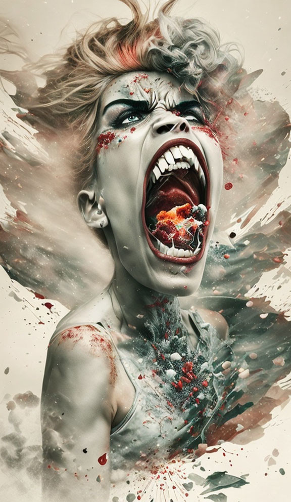 Surreal artwork: Exaggerated open mouth, red and white explosion