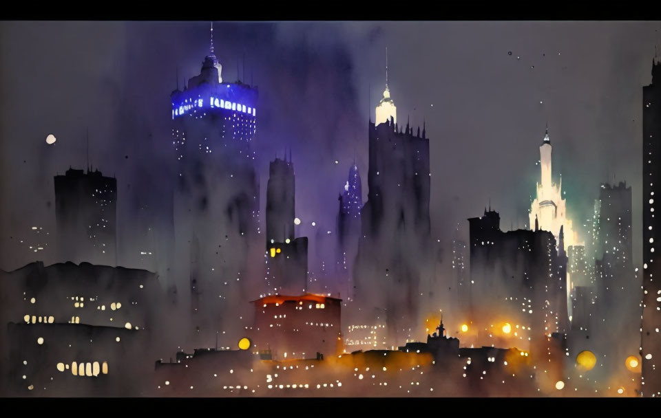 Cityscape painting: Night scene with illuminated skyscrapers, fog, and moody sky