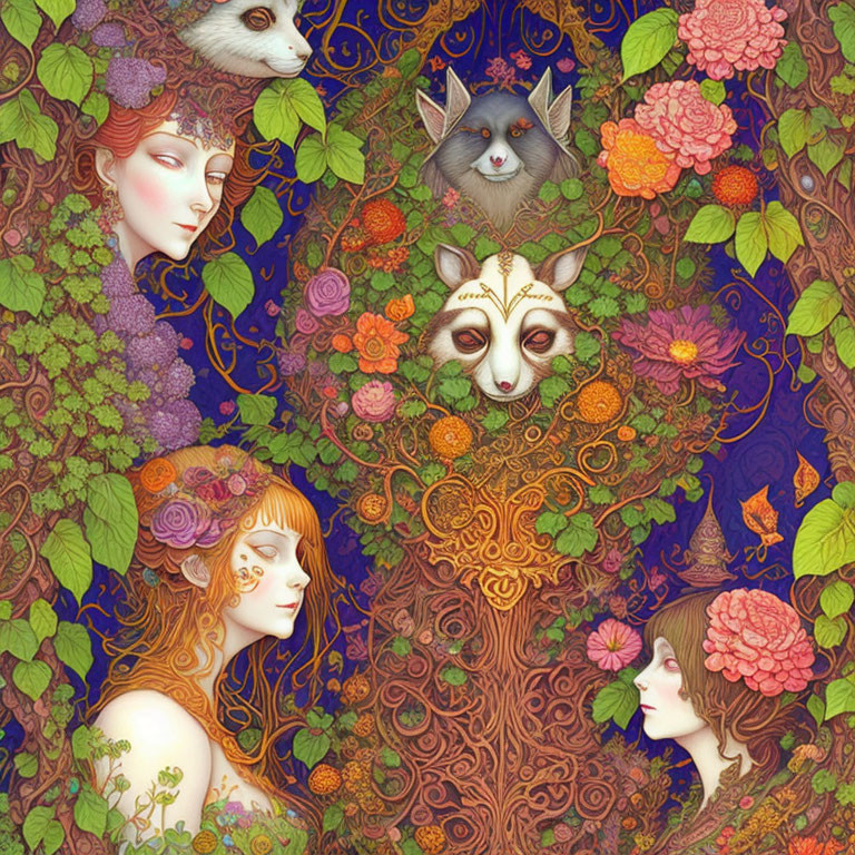 Detailed artwork: Three serene female faces, vibrant floral and animal patterns, mystical ambiance