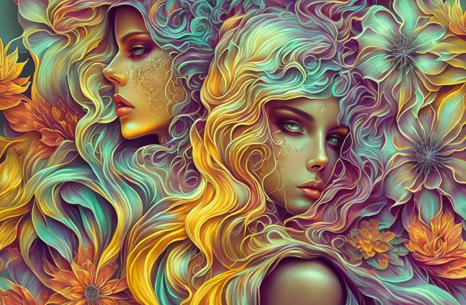 Vibrant digital artwork of two women with floral hair designs