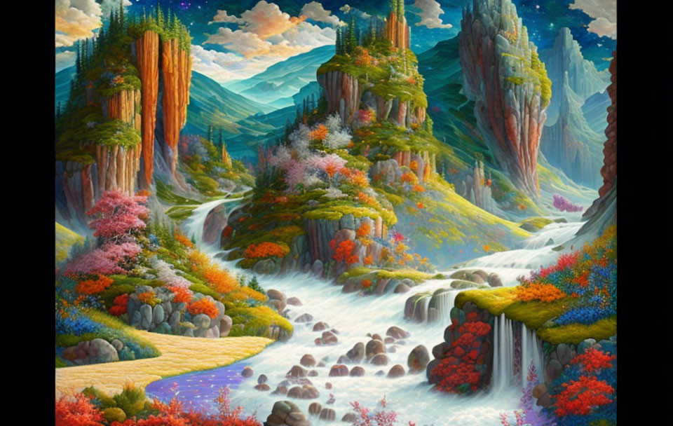 Colorful fantasy landscape with waterfalls, floral growth, and cliffs