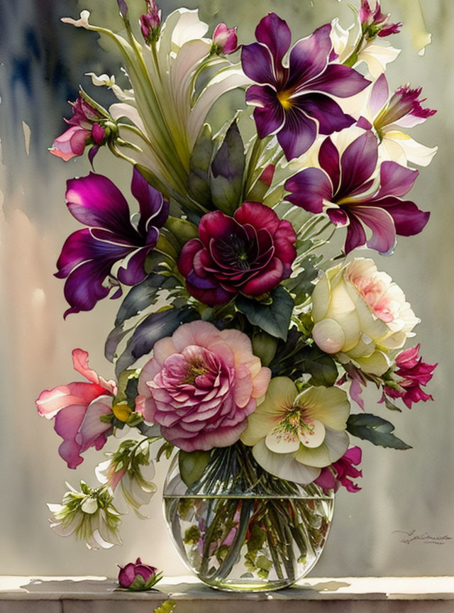 Colorful Flower Bouquet in Clear Glass Vase on Light Surface