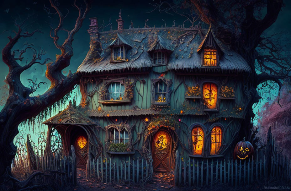 Spooky Nighttime Cottage with Jack-o'-lantern and Twisted Trees