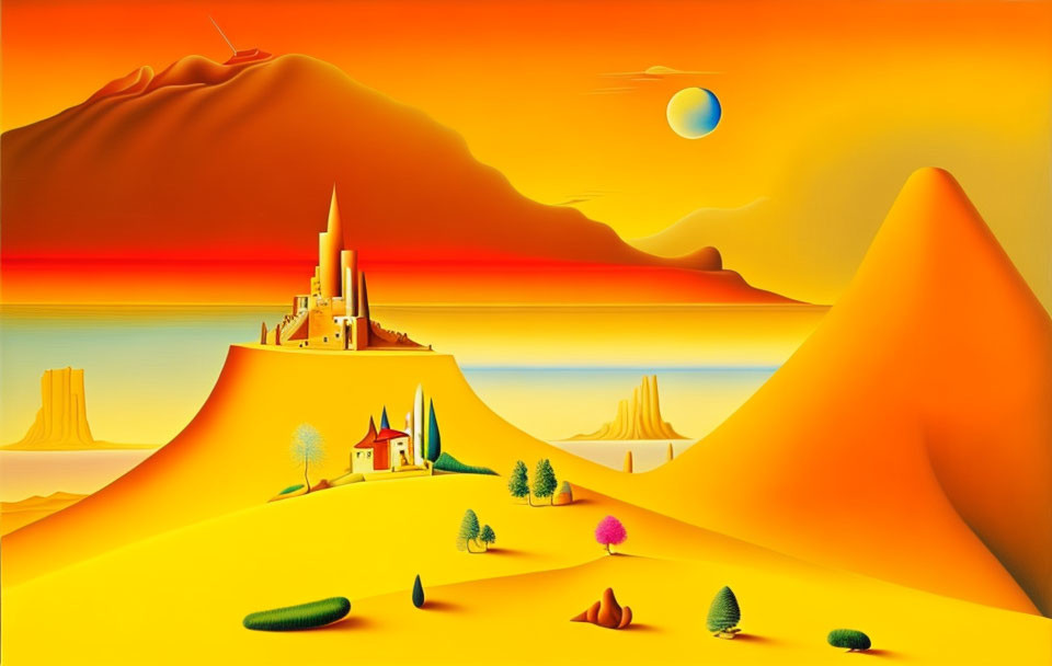 Vibrant surreal landscape with castle, mountains, trees, and orange sky