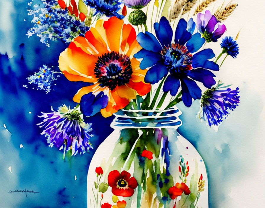 Colorful Watercolor Painting of Red Poppies and Blue Flowers