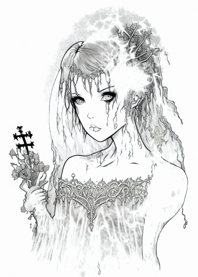 Monochrome drawing of mystical woman with ornate crown and cross-shaped bouquet