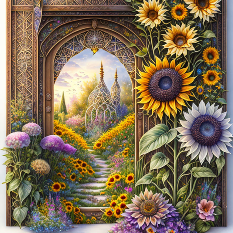 Ornate wooden door leading to magical garden with sunflowers and whimsical turrets