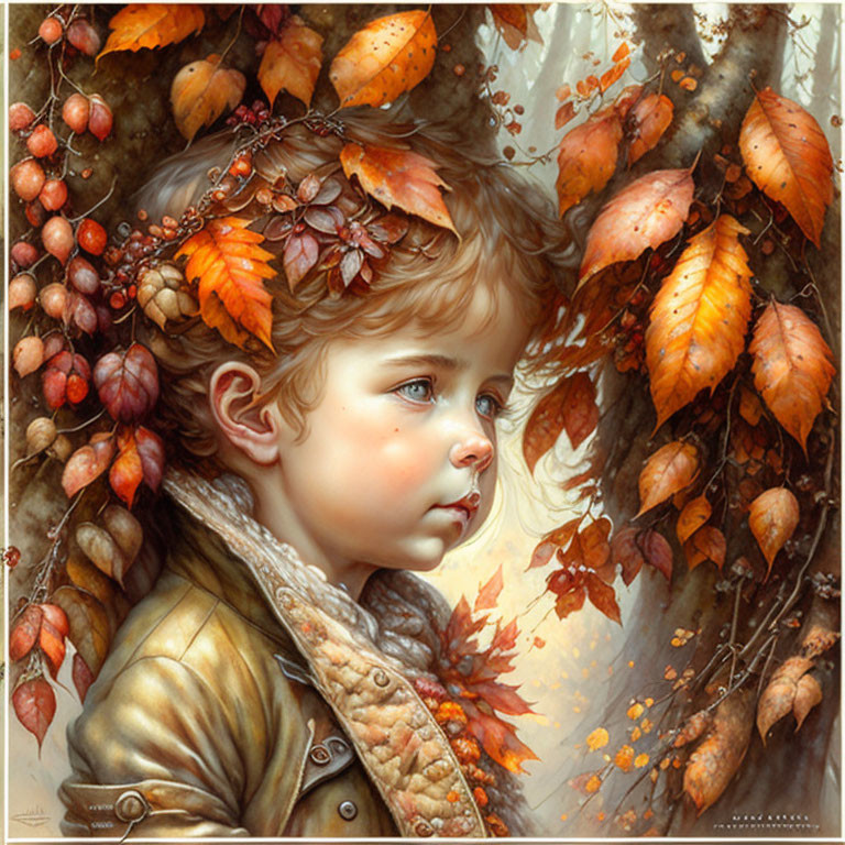 Child with expressive blue eyes among autumn leaves and berries in warm-toned illustration