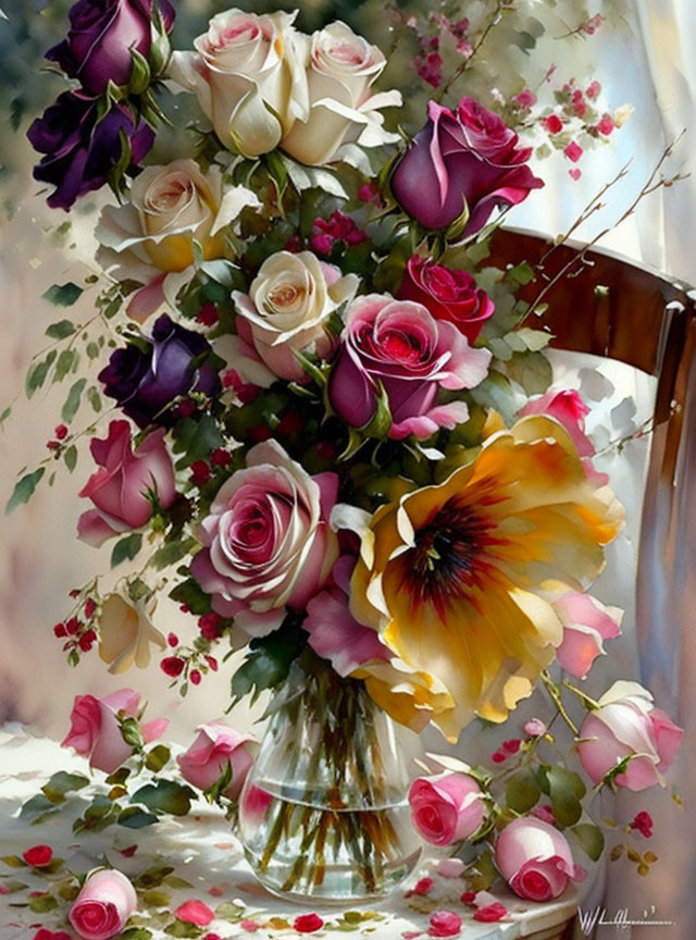 Colorful painting of roses in glass vase on muted background