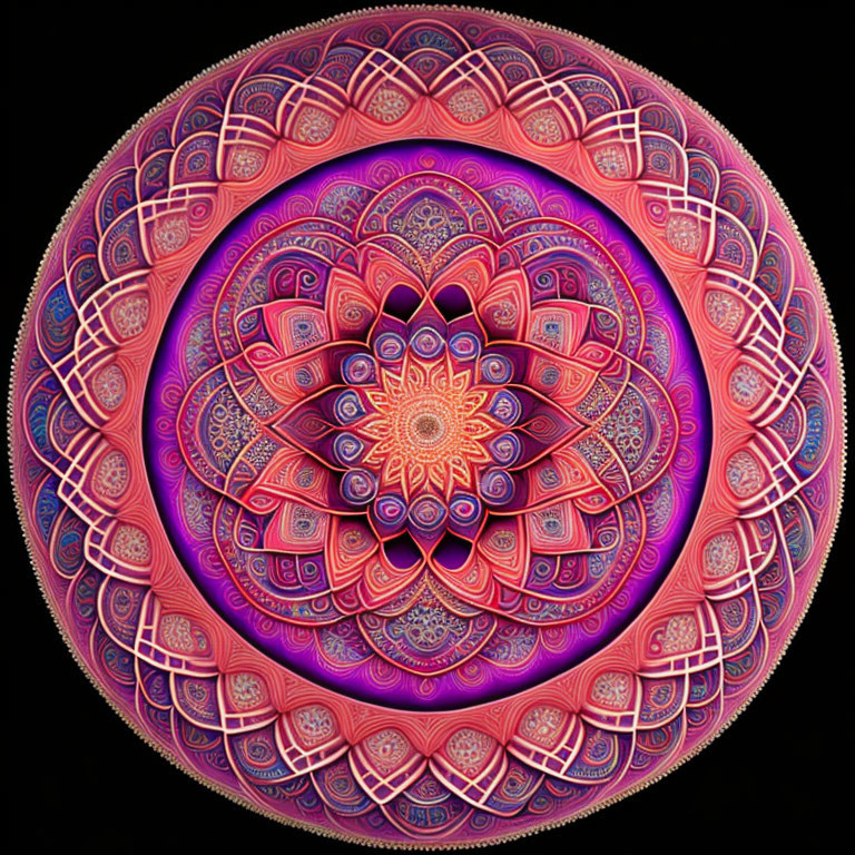 Colorful Mandala Design in Pink, Purple, and Orange on Black Background