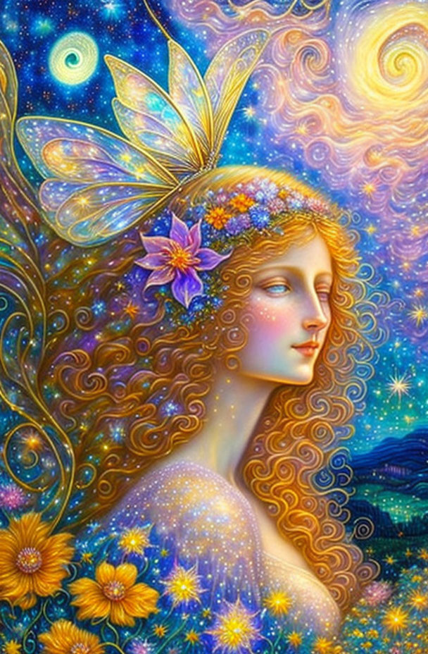 Female figure with butterfly wings & floral crown in starry sky.