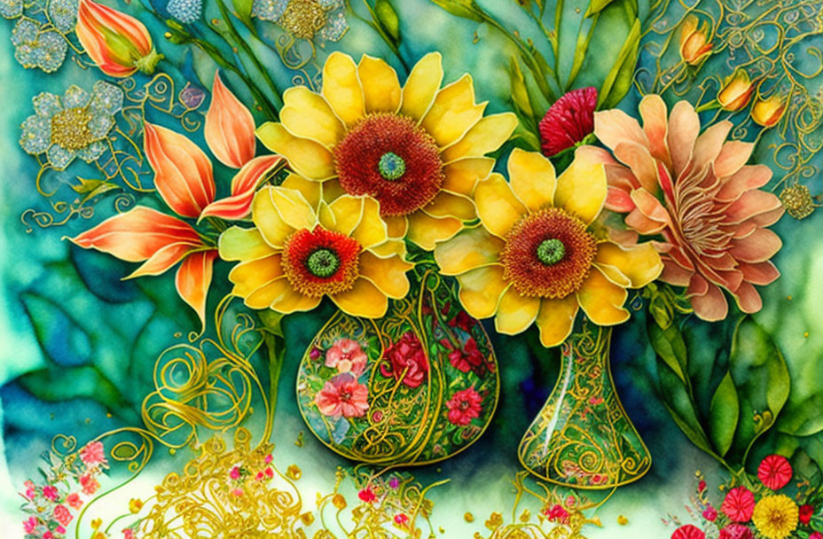 Colorful Flower Painting with Ornate Vases on Teal Background