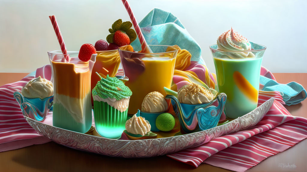 Hyperrealistic Artwork of Colorful Desserts and Beverages