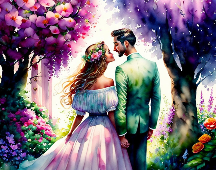 Colorful garden setting with couple sharing a romantic moment