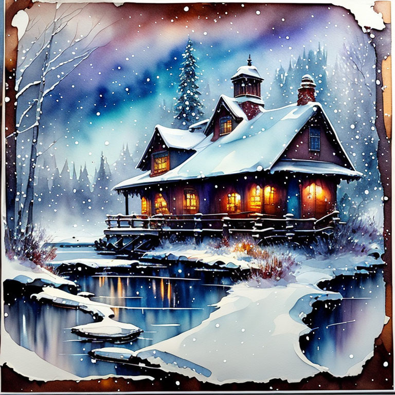 Snowy cabin by frozen river under twilight sky