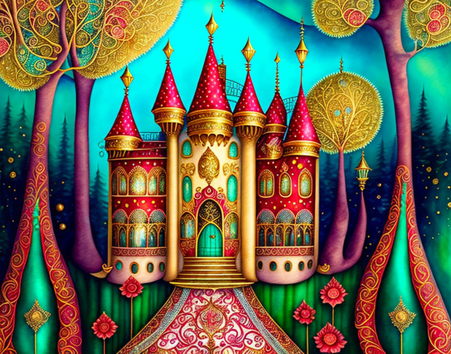 Colorful Castle Illustration in Magical Forest