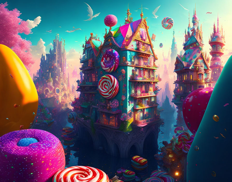 Fantasy landscape with candy-themed architecture and floating islands