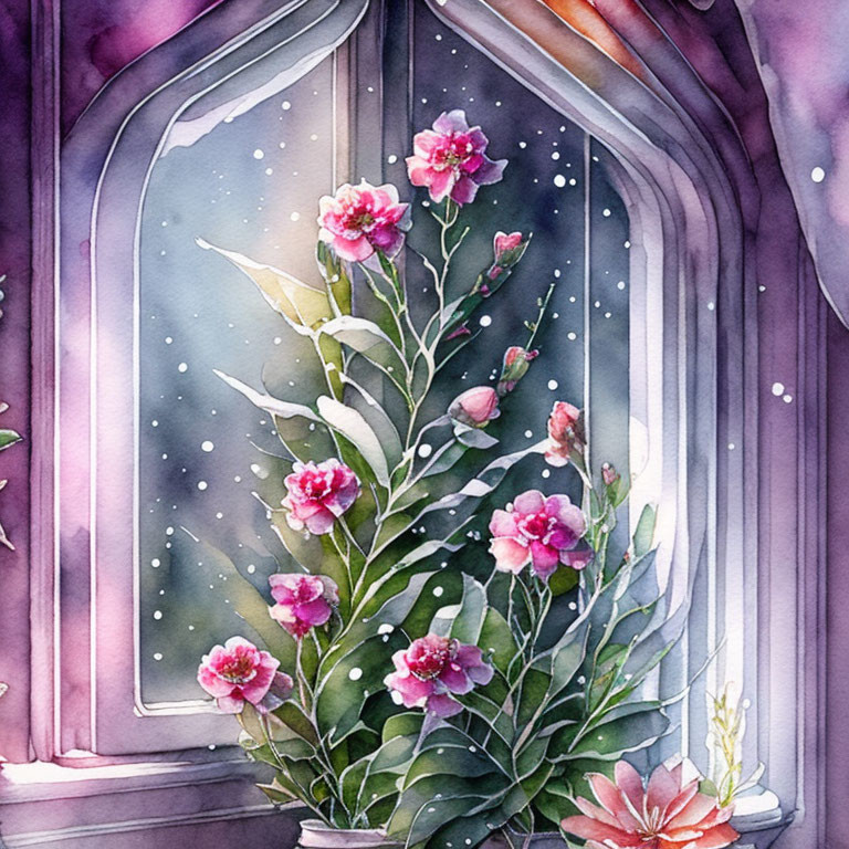 Watercolor illustration: Blooming plant with pink flowers by misty window with gothic arches