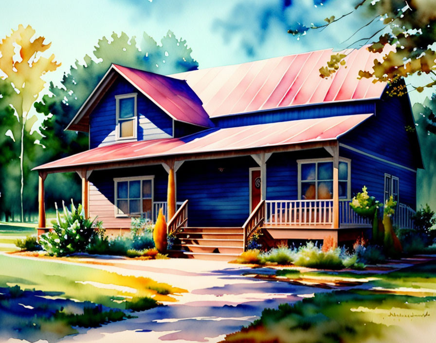 Colorful Watercolor Painting of Blue House with Red Roof