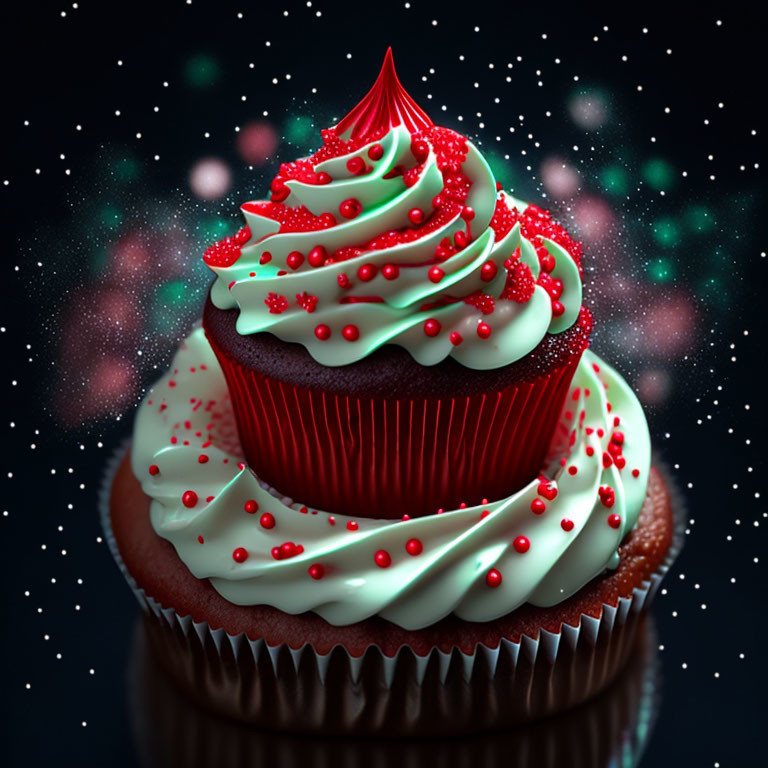 Red and White Cupcake with Sprinkles on Bokeh Light Background