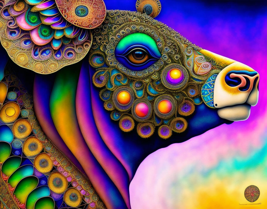 Colorful Bull's Head Artwork with Mandala Designs and Psychedelic Hues