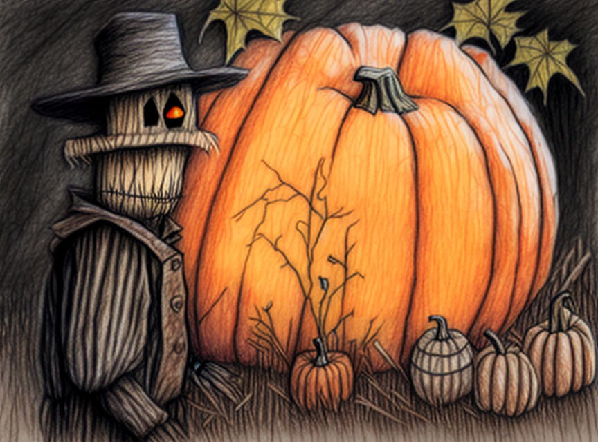 Spooky scarecrow and pumpkins under dark sky