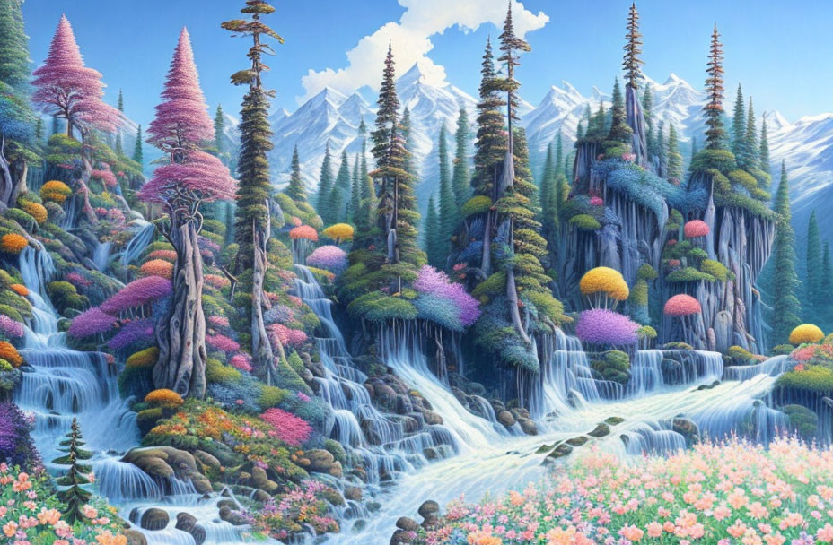 Colorful Landscape with Waterfalls, Trees, and Snowy Mountains