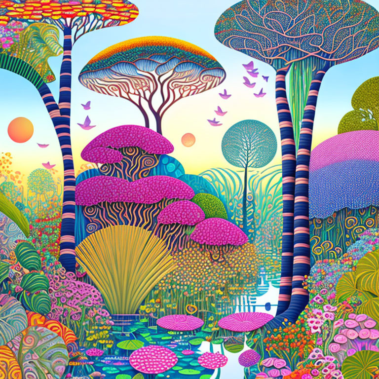 Colorful illustration of whimsical forest with patterned trees and mushrooms