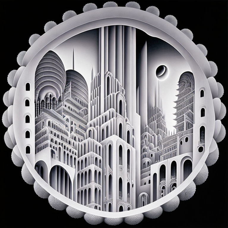 Circular Monochrome Artwork: Surreal Futuristic Cityscape with Architectural Structures, Spheres,