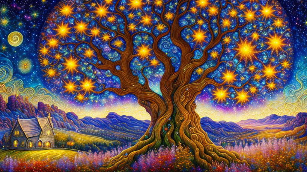 Colorful whimsical tree painting with starry branches and cottage in vibrant landscape